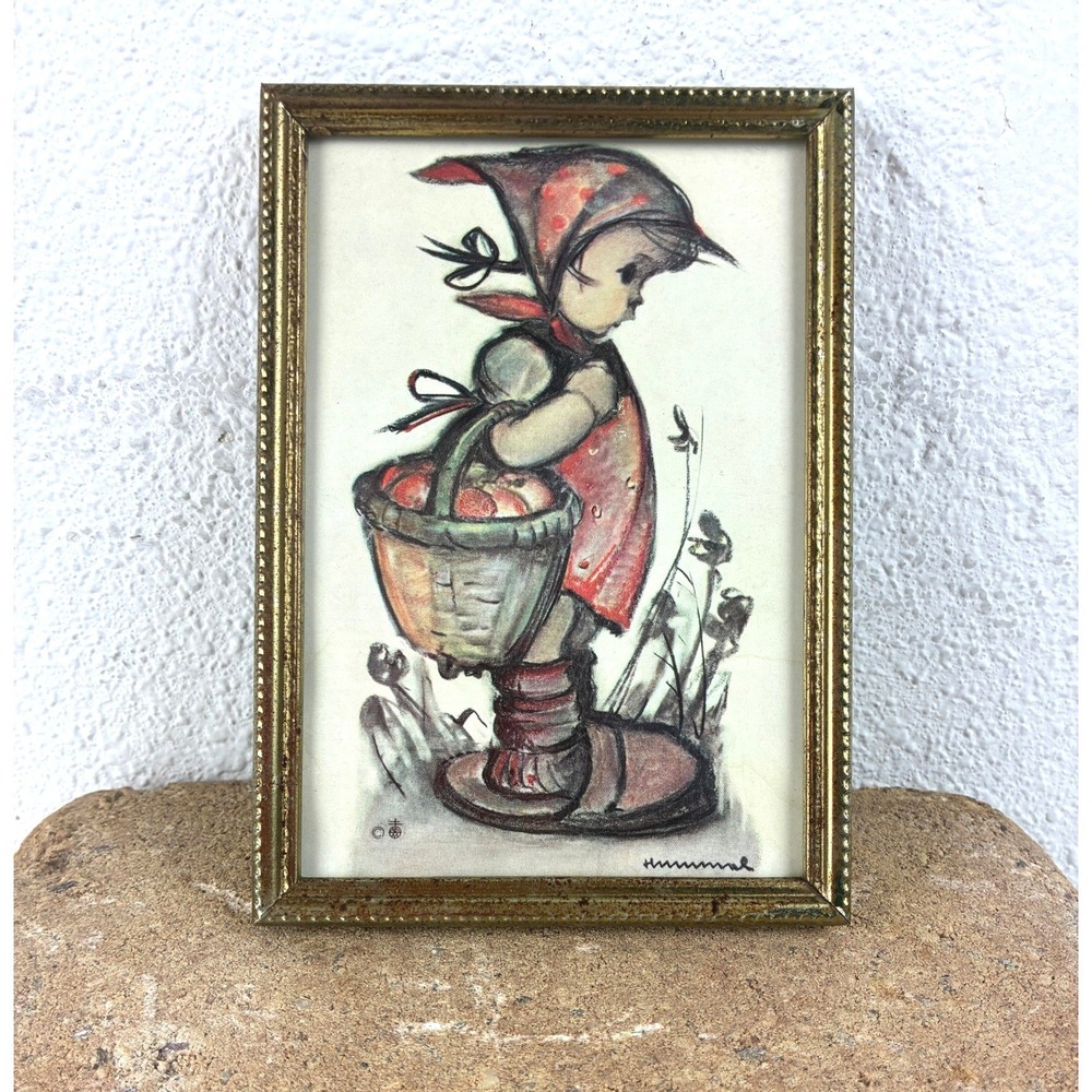 Hummel Gold Framed Postcard Art Apple Tree Girl Vintage West Germany 4x6 Print
